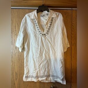 Havana Shirt Co. Off-White Linen Blend Embroidered Short Sleeve Top